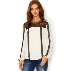 Lace Trim Top Ivory and Black Long Sleeve Size Small Contrast by Rachel Roy